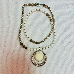 Premier Designs Long Ivory/Gold Necklace & Pendant